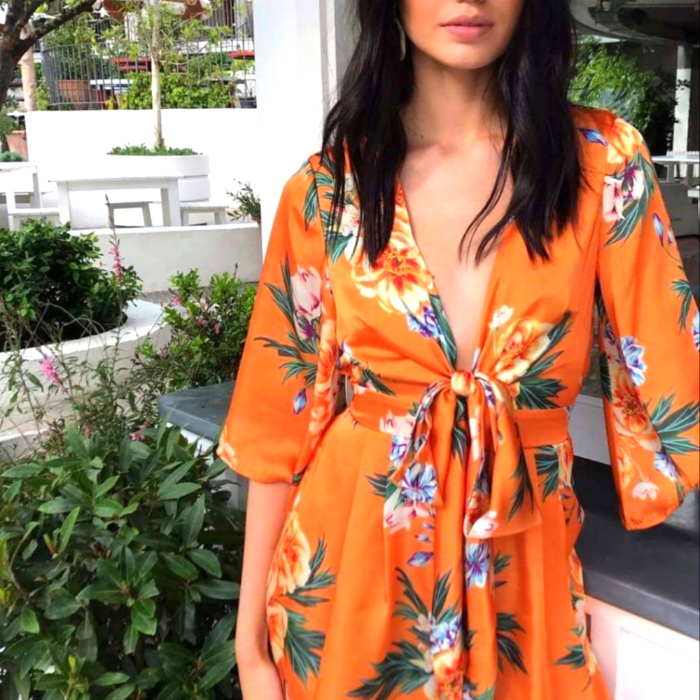 Closett chic sexy orange floral soft fabric romper shorts